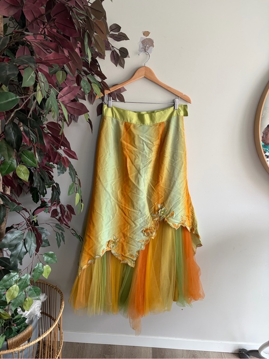 Vintage Dresses & Skirts - Floral Appliqué High-Low Tulle Skirt in Green & Orange